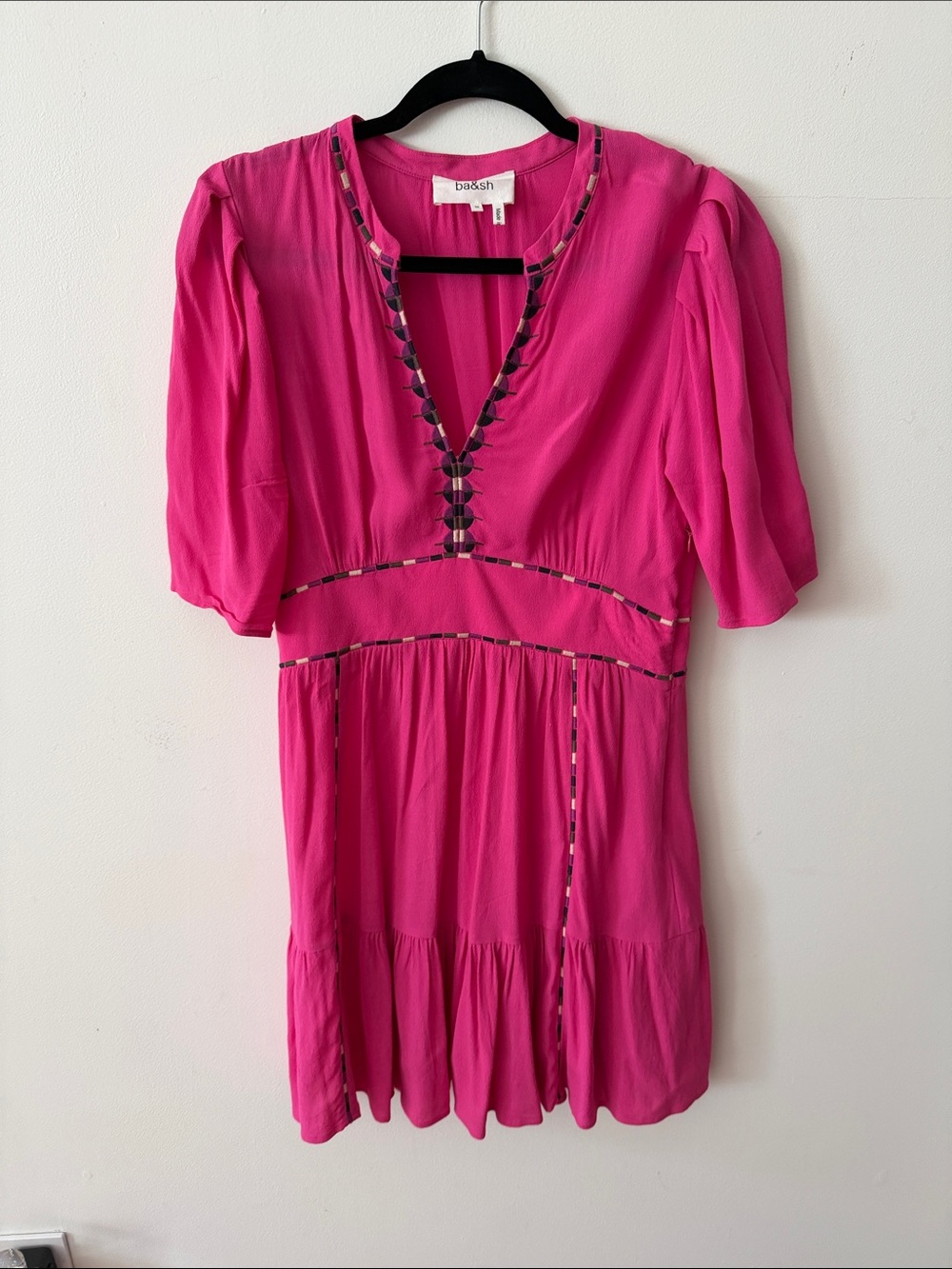 ba&sh Bright Pink Embellished V-Neck Mini Dress